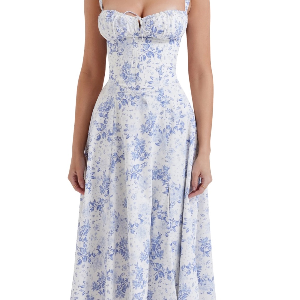 HOUSE OF CB Carmen Bustier Sundress Floral Blue and White